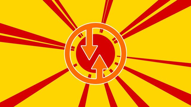 Advantage of oncoming traffic sign on the background of animation from moving rays of the sun. Large orange symbol increases slightly. Seamless looped 4k animation on yellow background