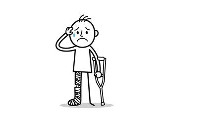 Fototapeta premium Sad Stick Figure with Injured Leg and Crutch.