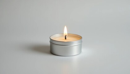 A small round candle with warm flame, no logo or label, placed on bright white background, elegant and clean style.