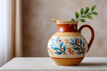 Rustic ceramic pitcher decorating tabletop with plant branch