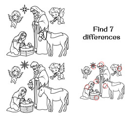 The Birth of Jesus in the Manger. Nativity Scene. Find 7 differences. Tasks for kids. Coloring page