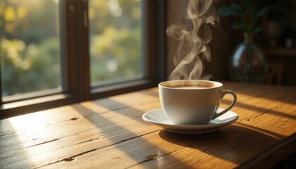 Fototapeta premium A steaming cup of coffee on a wooden table, sunlight streaming through the window, morning atmosphere, ultra realistic.