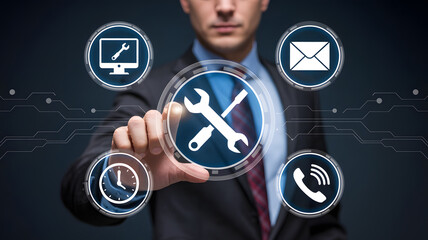 Businessman uses futuristic interface for technical support and customer service solutions
