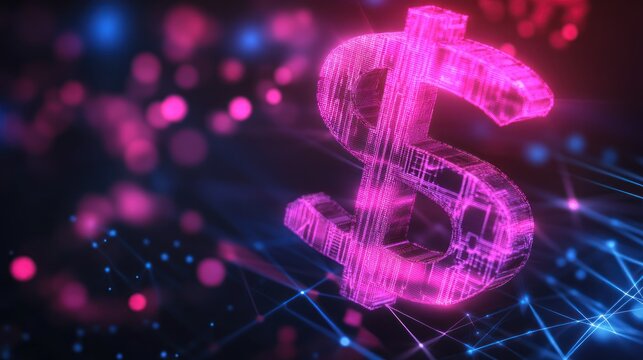 3D dollar sign, glowing pink, digital network