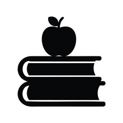 A simple black and white illustration of an apple on stacked books