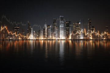 Obraz premium City skyline with financial graph over water at night
