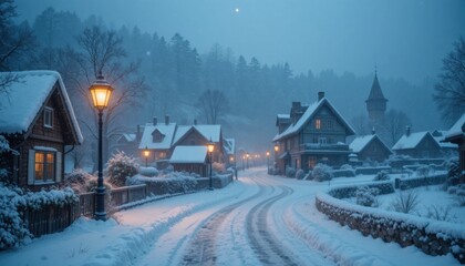 Fototapeta premium A small village during winter evening, snow gently falling, street lamps glowing softly through the mist.