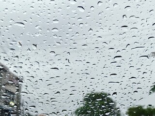 Close-up of raindrops on a glass surface, with a blurred background of trees and buildings indicating an outdoor scene after rain