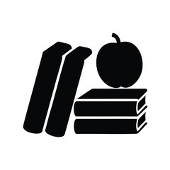 Solid black graphic of a stack of books with an apple on top