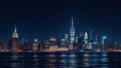 New york city skyline glows at night with lights reflecting on the water