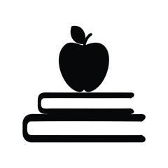 Stylized graphic representation of an apple sitting atop a stack of books