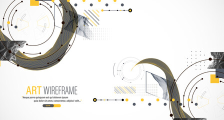 Obraz premium Minimal abstract composition with wireframe waves, geometric shapes, dots, and lines.