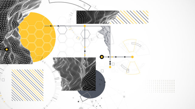 Minimal abstract composition with wireframe mountains, geometric hexagons, dots, and lines.