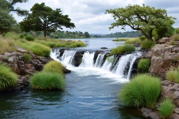 Fototapeta premium River water cascading over rocks surrounded by green grass