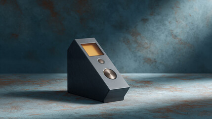 Modern black speaker device with illuminated yellow display on textured blue surface. Concept of audio technology and smart home