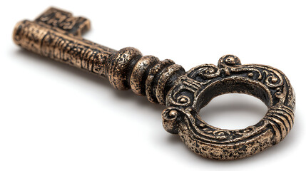 Hyperrealistic High-Quality Antique Brass Key Isolated on White Background with Detailed Texture and Metal Ring