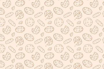 Seamless pattern of hand drawn choco chip cookies in cute doodle style. Delicious cookie background perfect for bakery packaging, cafe branding, kitchen wallpaper, textile design, and digital prints.