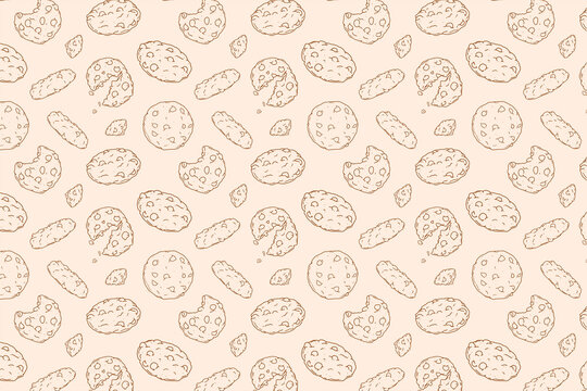 Seamless pattern of hand drawn choco chip cookies in cute doodle style. Delicious cookie background perfect for bakery packaging, cafe branding, kitchen wallpaper, textile design, and digital prints.