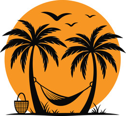 Tropical Sunset Hammock Silhouette Vector