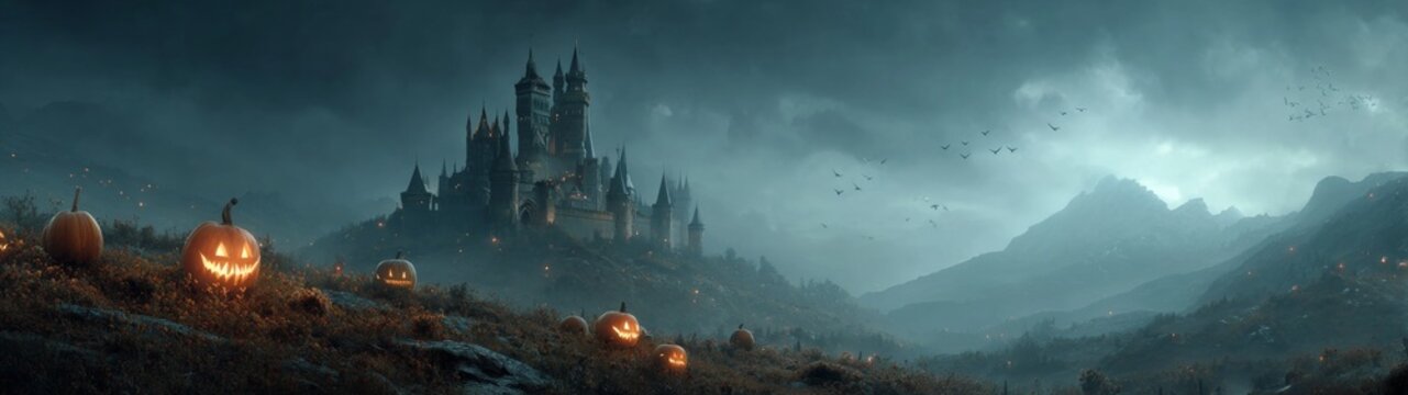 Eerie dreams: the spooky majesty of a haunted night. Grotesque style. Halloween enigma: a nighttime castle with fiery pumpkin surprise. Vibrant expression. Fantastical figures.