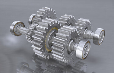 3D Präzisionsgetriebe mit Zahnrädern und Ritzel mit Kugellager verchromt