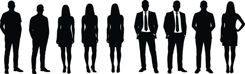 Silhouettes of people, casual and formal clothing, fashion contrast, standing in row, diversity in style, posture study, white background, anonymous figures