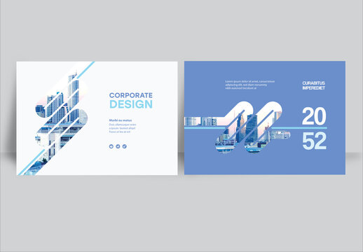 Modern business brochure layout &ndash;  Geometric Book Cover Landscape Layout Blue and White
  
