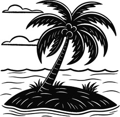 Tropical Island Illustration Black and White Vector