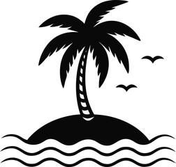 Simple Tropical Island with Palm Tree Vector Icon in Black and White

