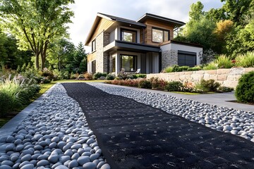 Modern driveway under construction with long black geotextile path laid over rounded pebbles to stabilize surface