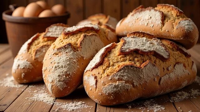 Freshly baked artisan loaves of bread dusted with flour sit on a rustic wooden table, with eggs in a pot in the background.