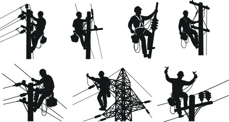 Electrical Line Workers Silhouette Set Performing Utility Pole and Tower Maintenance &ndash; Safety Gear, High Voltage Repair Vector Illustration Collection