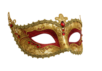 Ornate golden masquerade mask with red gems isolated on transparent background, elegant venetian carnival mask for costume party