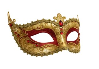 Fototapeten Karneval Ornate golden masquerade mask with red gems isolated on transparent background, elegant venetian carnival mask for costume party  © Miguel