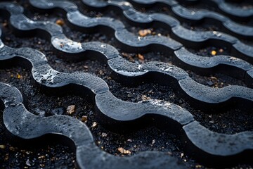 Wet interlocking rubber pavers forming wavy permeable surface pattern on dark subbase after rain