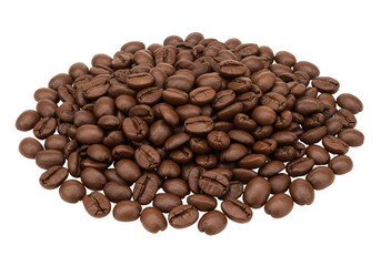 Pile of roasted coffee beans isolated on a clean background, aromatic ingredient for coffee drinks and culinary use