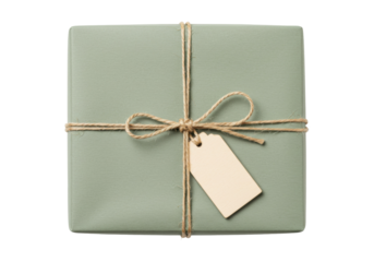 Sage green gift box with twine and tag isolated, present wrapped in paper for Christmas or birthday