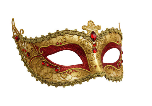 Ornate golden masquerade mask with red gems isolated on transparent background, elegant venetian carnival mask for costume party