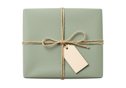 Sage green gift box with twine and tag isolated, present wrapped in paper for Christmas or birthday