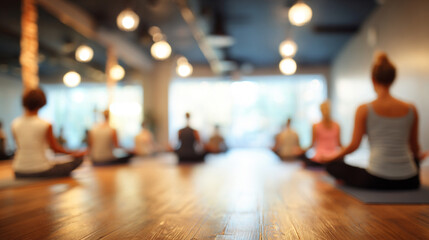 Blurred view of a yoga studio with people meditating or doing gentle poses on a wooden floor. Ideal for wellness.
