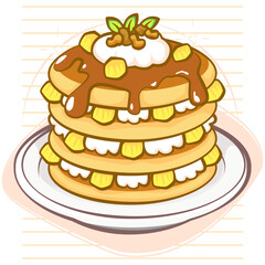 A tropical illustration of fluffy pancakes topped with coconut flakes and pineapple slices, creating a sweet island-inspired breakfast in a cute and appetizing style.