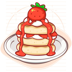 A delicious illustration of fluffy pancakes topped with strawberry shortcake, whipped cream, and fresh berries in a cute and appetizing style, perfect for dessert menus or kawaii food designs.