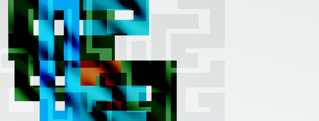 Abstract digital artwork. Blue, green, black hues dominate composition. Geometric shapes create complex visual texture. Minimalist style.