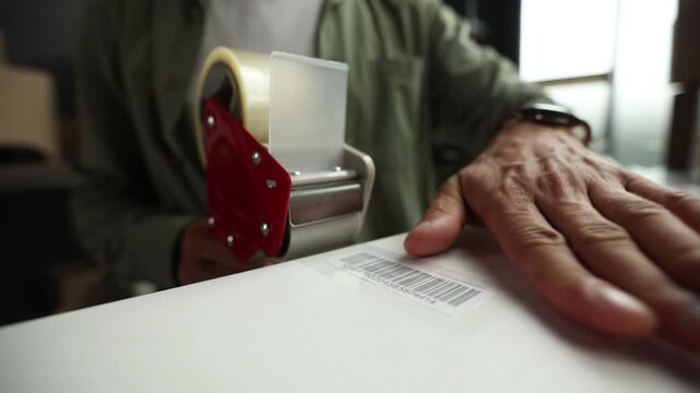 A man is using a tape dispenser to seal a package