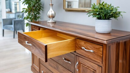Wooden furniture drawer open revealing empty storage space