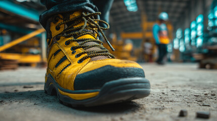 Workers wearing safety shoes in factory or construction site, work safety concept.
