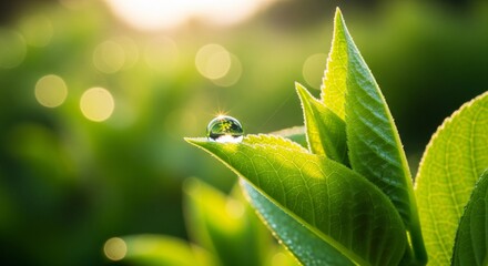 Macro of Morning Dew on a New Leaf