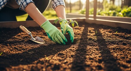 Woman's Hands Planting a Tomato Seedling