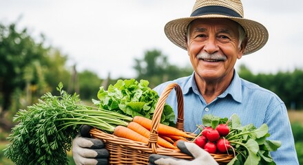 Senior Man with Basket of Fresh Vegetables