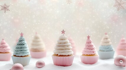 Christmas Tree Shaped Cupcakes, Winter Holiday Dessert, Pastel Fantasy Background, Creative Party Food Decoration